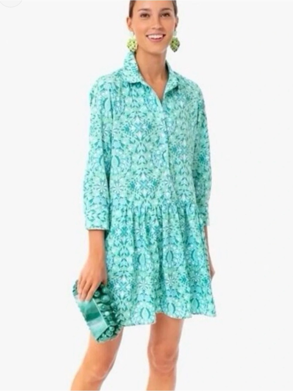 Tuckernuck Mykonos Hayes Turquoise Printed Button-Front Smock Mini Dress